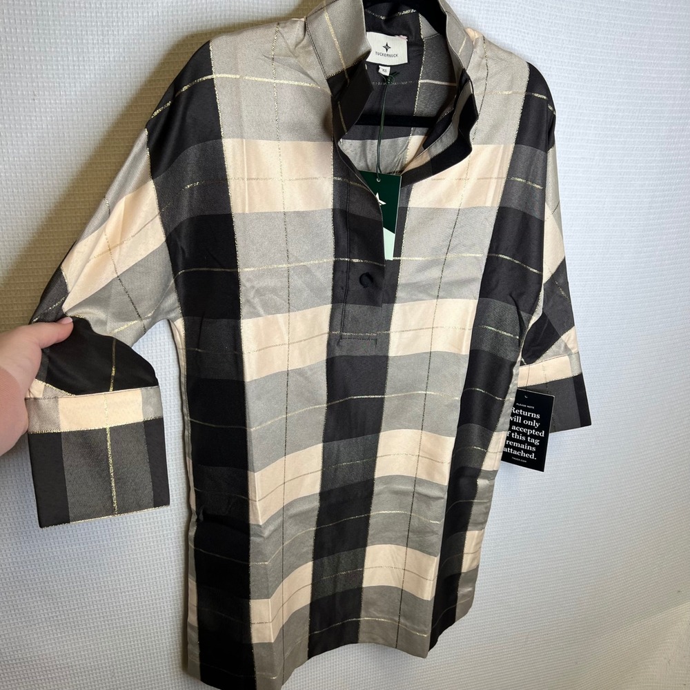 Tuckernuck Metallic Plaid Tunic Top Black Gold Cream NYAP-34-D758 Womens‎ XS NEW